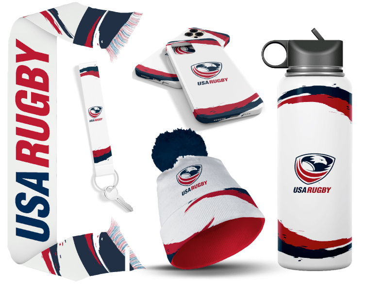 Scarf, waterbottle, phone case, beanie and lanyard design mockup for the USA Rugby