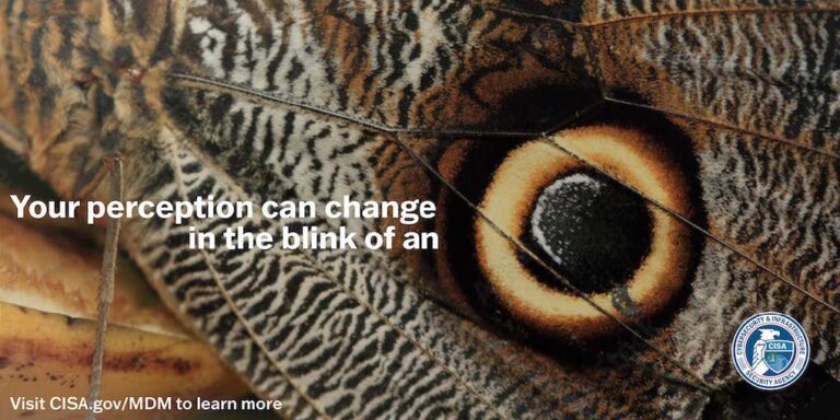 Photo of a butterfly wing close up where the pattern looks like an owls' eye. Text reads "Your perception can change in the blink of an [eye]. Visit CISA.gov/MDM to learn more"