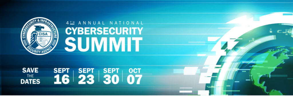 Banner design with the cybersecurity summit logo and an illustration of the earth surrounded by 'glitchy' pixelated rings. Text displays the dates of the summit