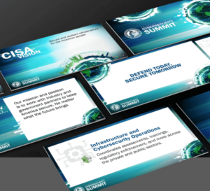 collage of banner designs. Text reads "CISA Vision" "Defend Today, Secure Tomorrow" "Infrastructure and Cybersecurity Operations"