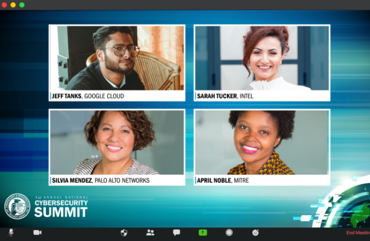 Screenshot of 4 speakers at the CISA Cybersummit. Background design shows teh CISA logo and an illustration of the earth surrounded by 'glitchy' pixelated rings