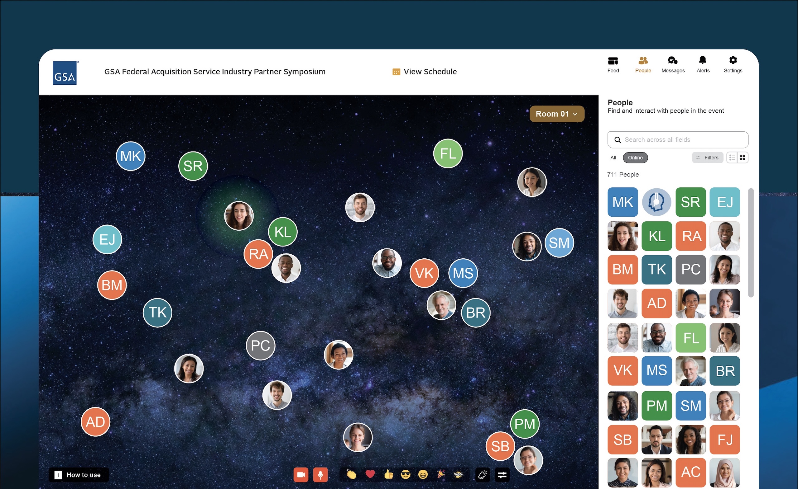 Screenshot of browser window showing many attendees in a virtual conference (Airmeet) for the GSA Federal Acquisition Service Industry Partner Symposium