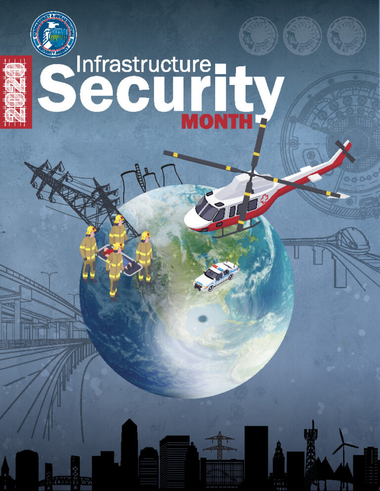 Design concept for 2020 CISA Infrastructure Security Month. Illustration of the Earth globe with firefighters and a helicopter placed on top.