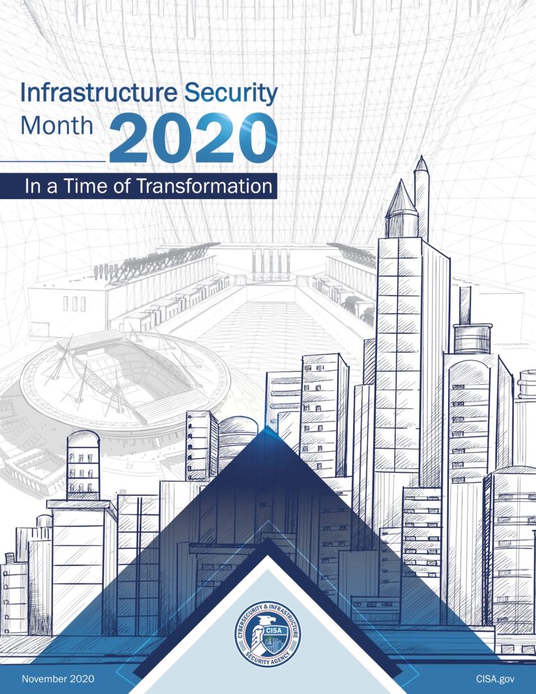 Design concept for 2020 CISA Infrastructure Security Month. Sketchy illustration of city skyscrapers.