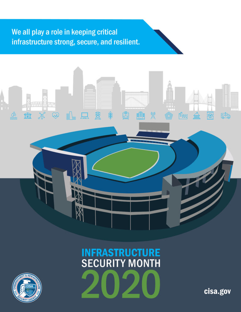 Design concept for 2020 CISA Infrastructure Security Month. Illustration of a sports stadium with silhouette of a cityscape in the background. Text reads "We all play a role in keeping critical infrastructure strong, secure, and resillient."