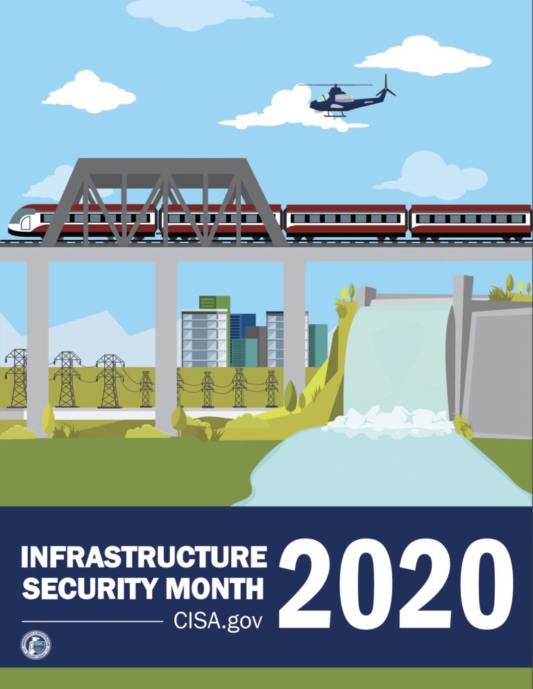 Design concept for 2020 CISA Infrastructure Security Month. Illustration of a highline train going over a waterfall and some pylons.