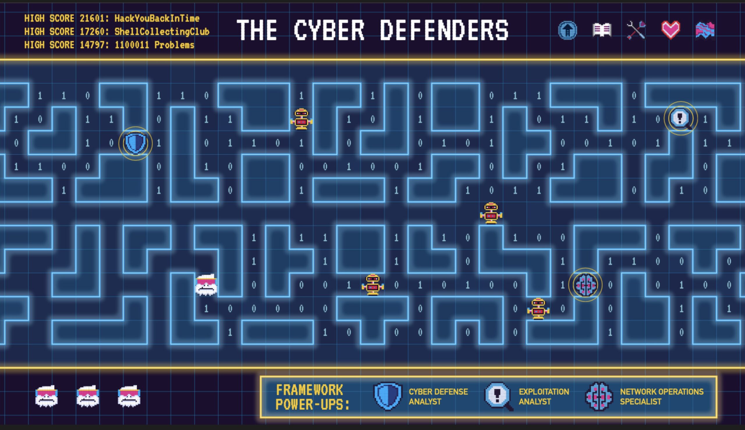 Still image taken from President's Cup game board. Title reads "The Cyber Defenders". Game board is a top-down view of characters moving through a maze