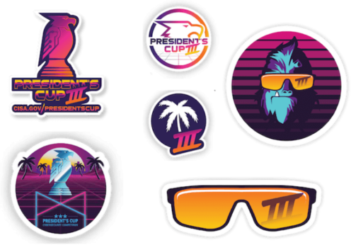 Various sticker designs showing President's Cup Cybersecurity Competition branding