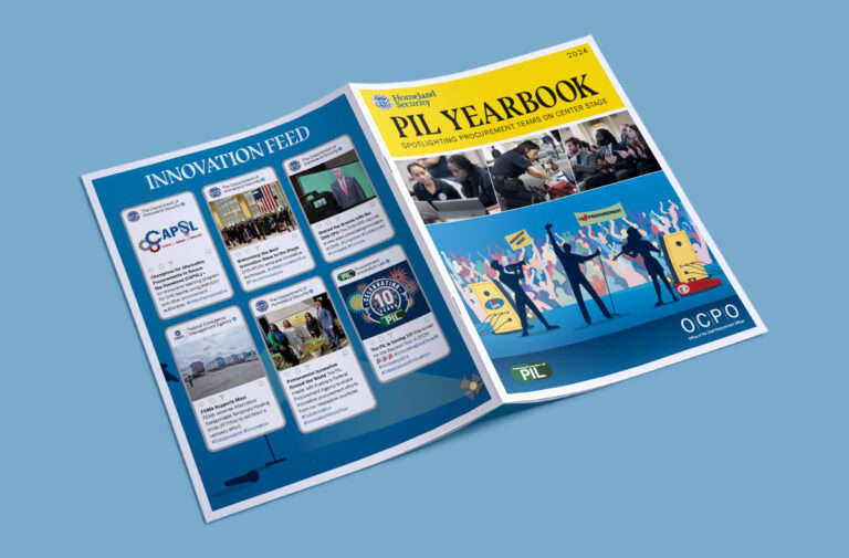 A mockup of an A4 paper brochure face down on a surface. The front cover design reads "PIL Yearbook: Spotlighting Procurement Teams on Center Stage" accompanied by photographs of employees and an illustration of a rock concert. The back cover design reads "Innovation Feed" followed by some social media posts.