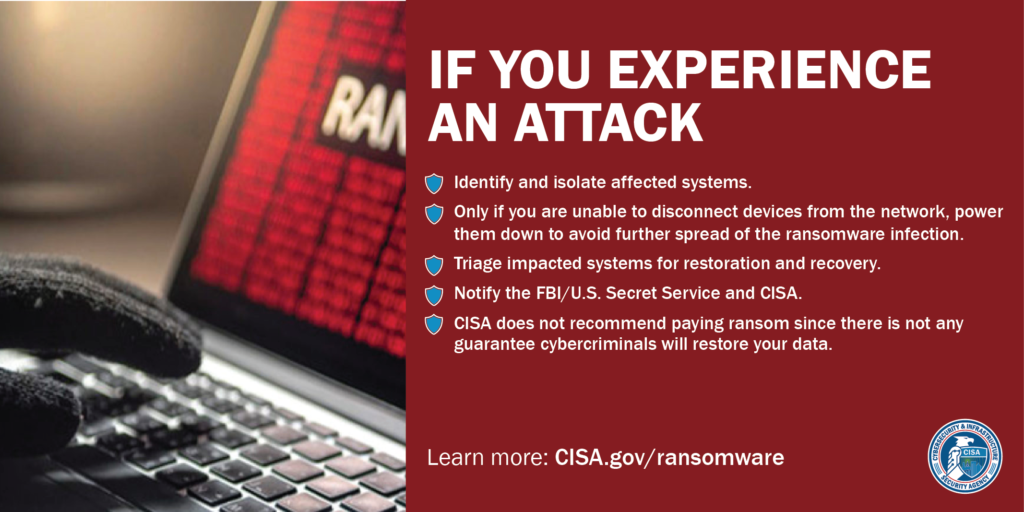 Banner for CISA ransomware campaign. Left side: photo of gloved person typing on a laptop. Right side title reads "If you experience an attack..."