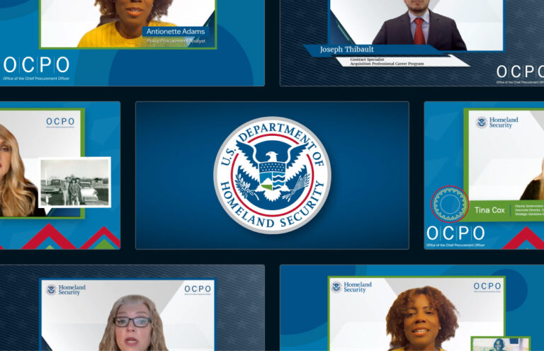 Collage of images from the OCPO (Office of the Chief Procurement Officer) video series. The US Department of Homeland Security logo is in the center.