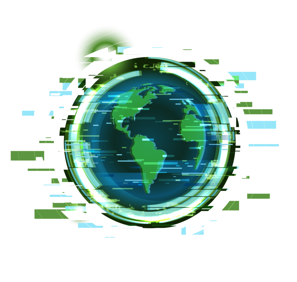 Earth globe surrounded by 'glitchy' pixelated rings