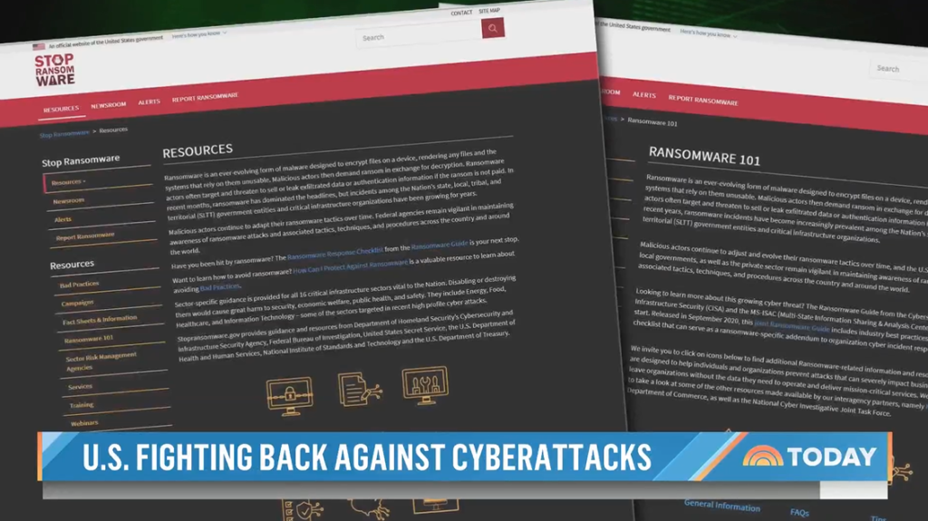Still from an episode of The Today Show showing the CISA Stop Ransomware website. Subheading reads "U.S. FIGHTING BACK AGAINST CYBERATTACKS"