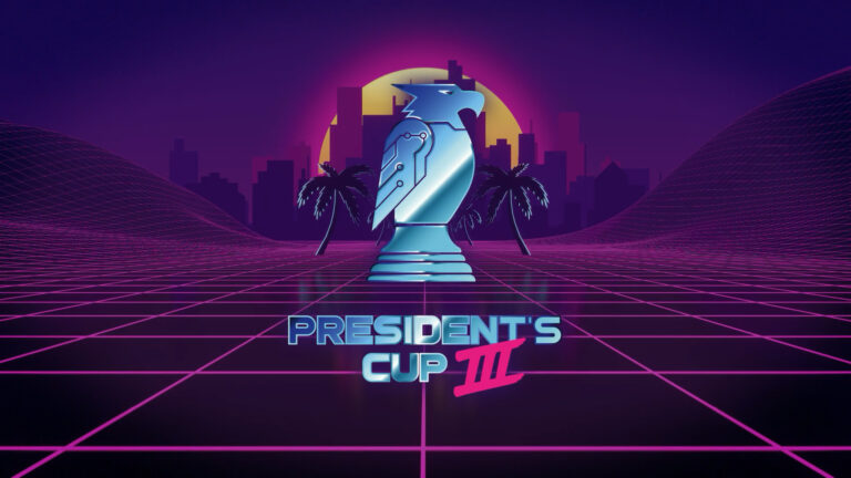 Purple and orange illustration of a silhouetted cityscape and palm trees. Text reads "President's Cup III"
